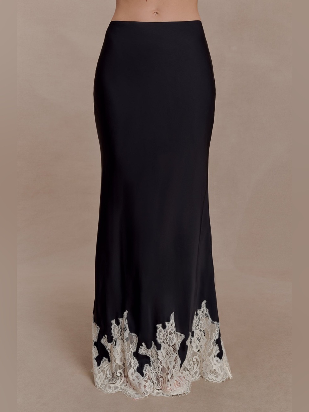 MESHKI Nina Satin And Lace Maxi Skirt - Black/Ivory